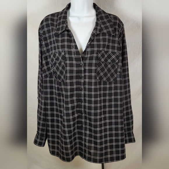 KIM ROGERS Black and White Grid Print Button-up Blouse - Size 3X or Size 24W - Picture 1 of 5
